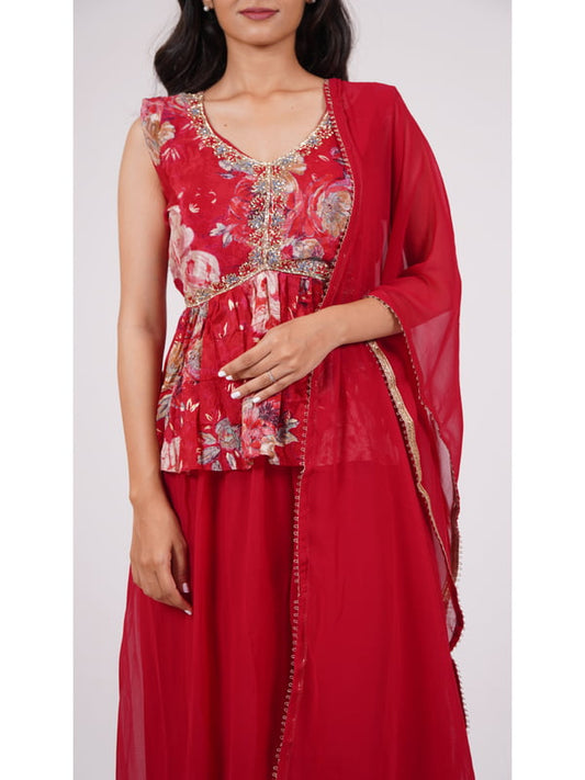 Blush Blossom Silk Blend Crop Top with Georgette Palazzo and Dupatta