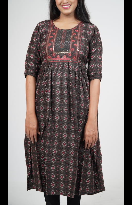 Stylish Dark Green Embroidered Kurti with Red Floral Accent