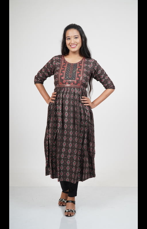 Stylish Dark Green Embroidered Kurti with Red Floral Accent