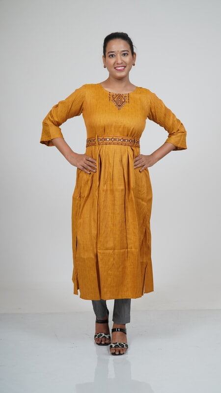 Mustard Yellow Cotton Blend Long Kurti with Belt