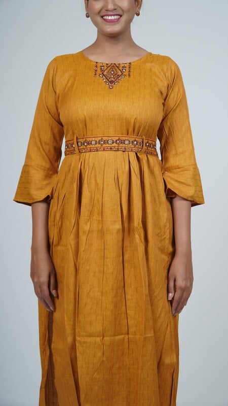 Mustard Yellow Cotton Blend Long Kurti with Belt