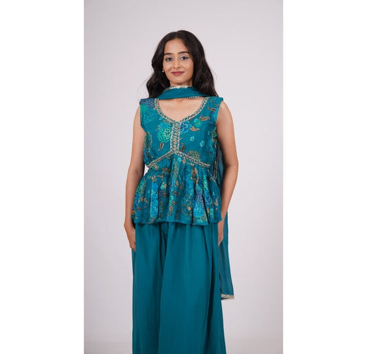 Peacock Paradise Silk Blend Crop Top with Georgette Palazzo and Dupatta