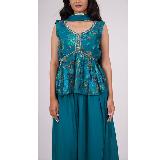 Peacock Paradise Silk Blend Crop Top with Georgette Palazzo and Dupatta