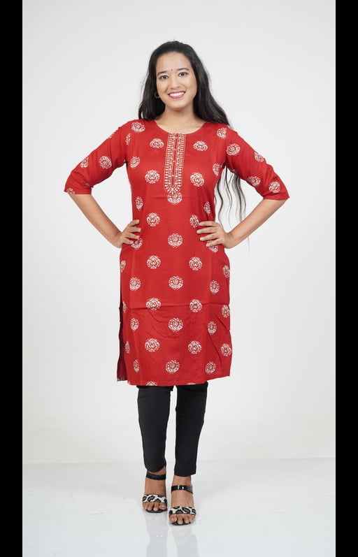 Deep Red Kurti with Floral Print