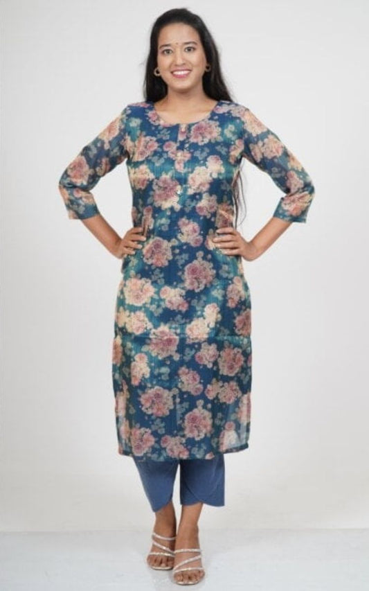 Floral Tissue Kurti in Peacock Green